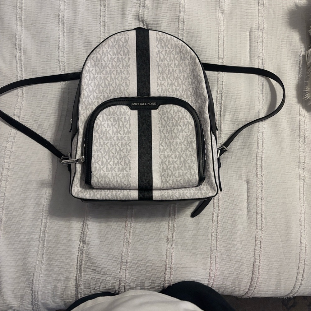 Michael Kors White and Black MK Logo Vertical-Stripe Backpack